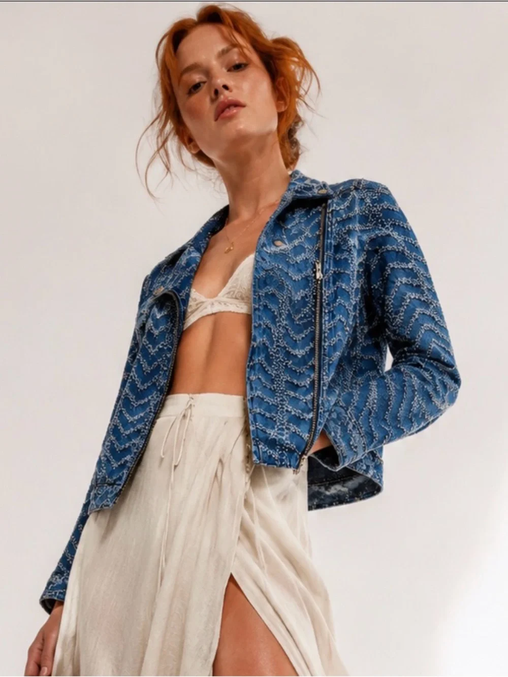 Free People Chevron Textured Denim Moto Jacket XS Rare Vintage